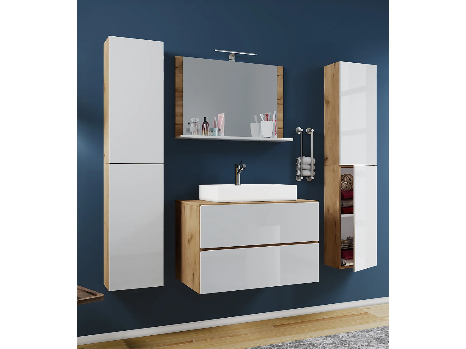 Bathroom furniture washbasin Lendas Honey oak / White H. 150 x W. 126 x D. 51 cm