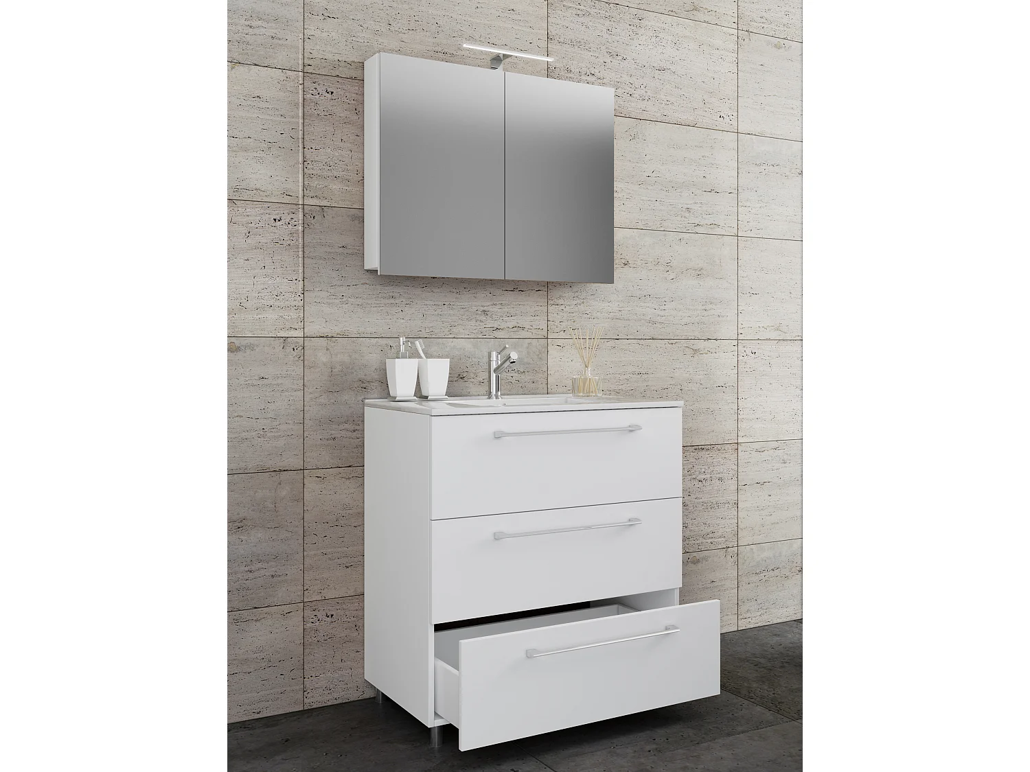 VCM 3 pcs Lavatório | lavatório menor largura do armário 60 cm | Móveis de casa de banho em pé com três gavetas Gabinete de espelho | Badinos (Branco)