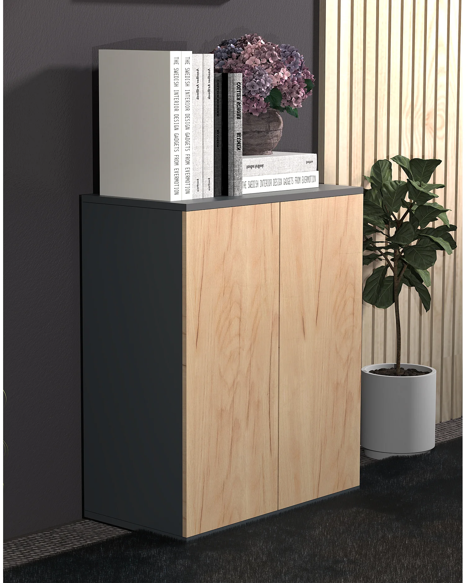 VCM Cômoda em madeira | Prancha lateral com portas giratórias | Dimensões aprox. A. 73 x L. 60 x P. 32 cm - Dalosa 2 (antracite / carvalho mel)