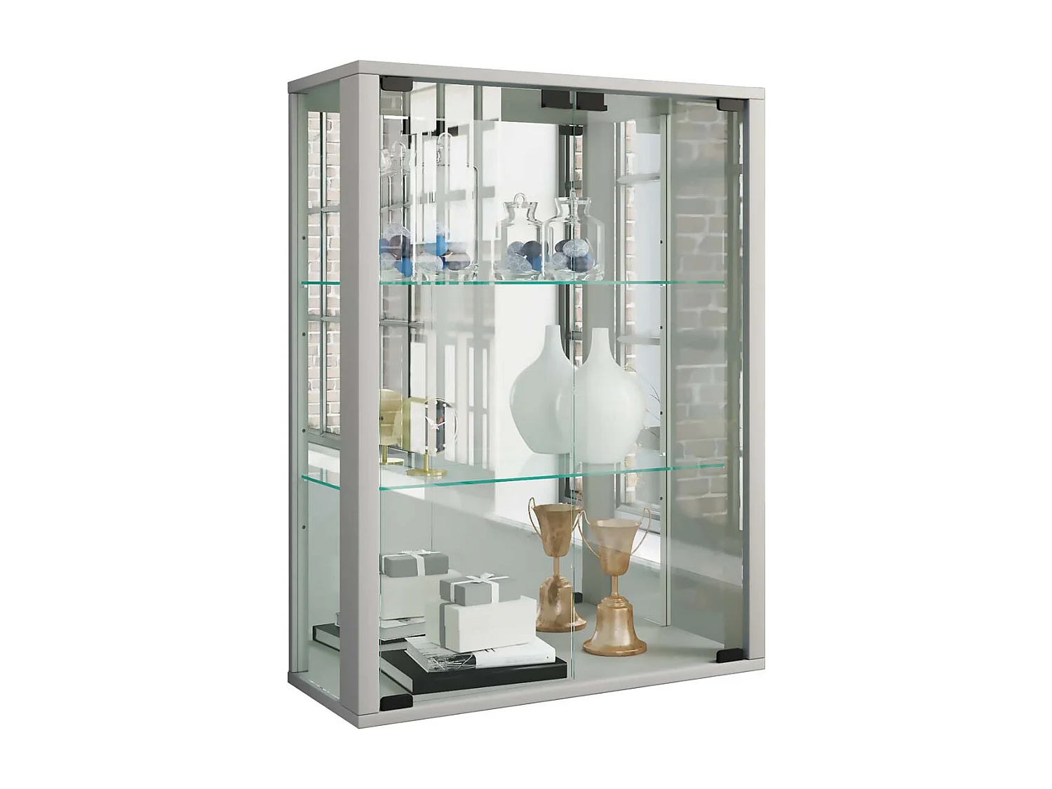 Udina vitrine accroché au mur avec miroir 2 portes en verre couleur argent.