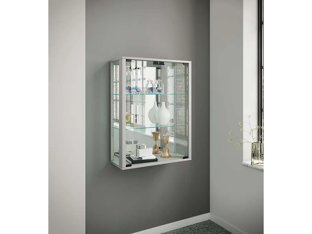 Udina vitrine accroché au mur avec miroir 2 portes en verre couleur argent.