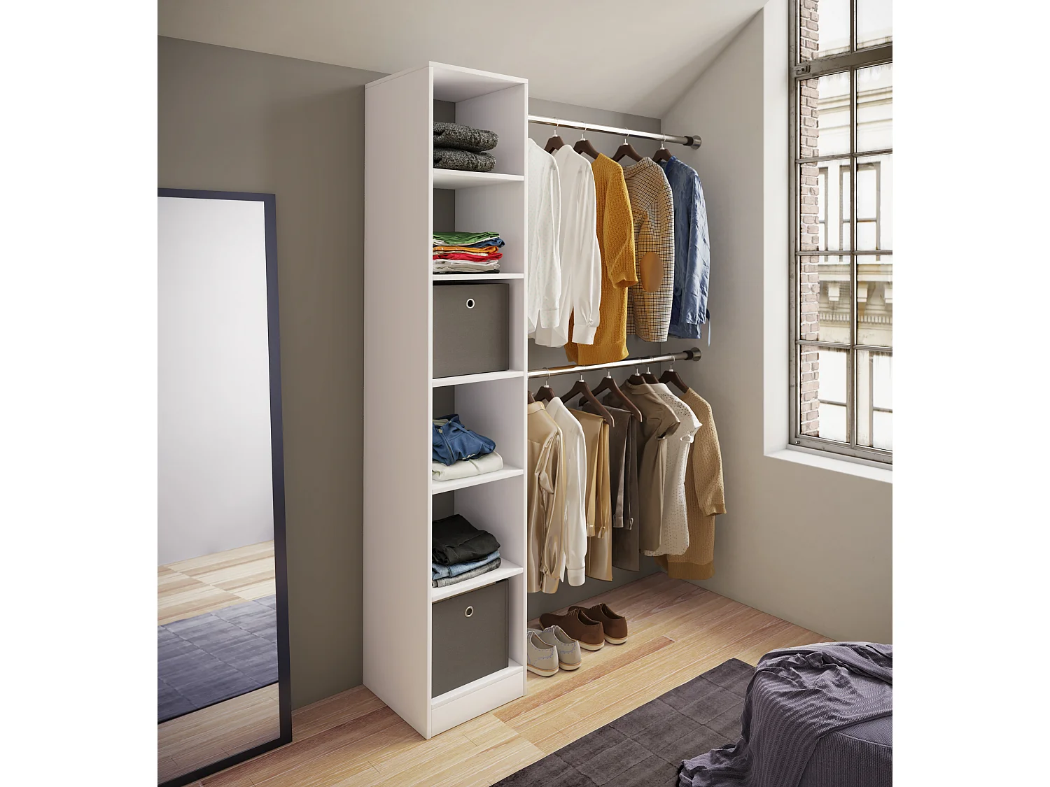 VCM bois Armoire ouverte dressing penderie penthouse étagère Dacho lll (blanc)