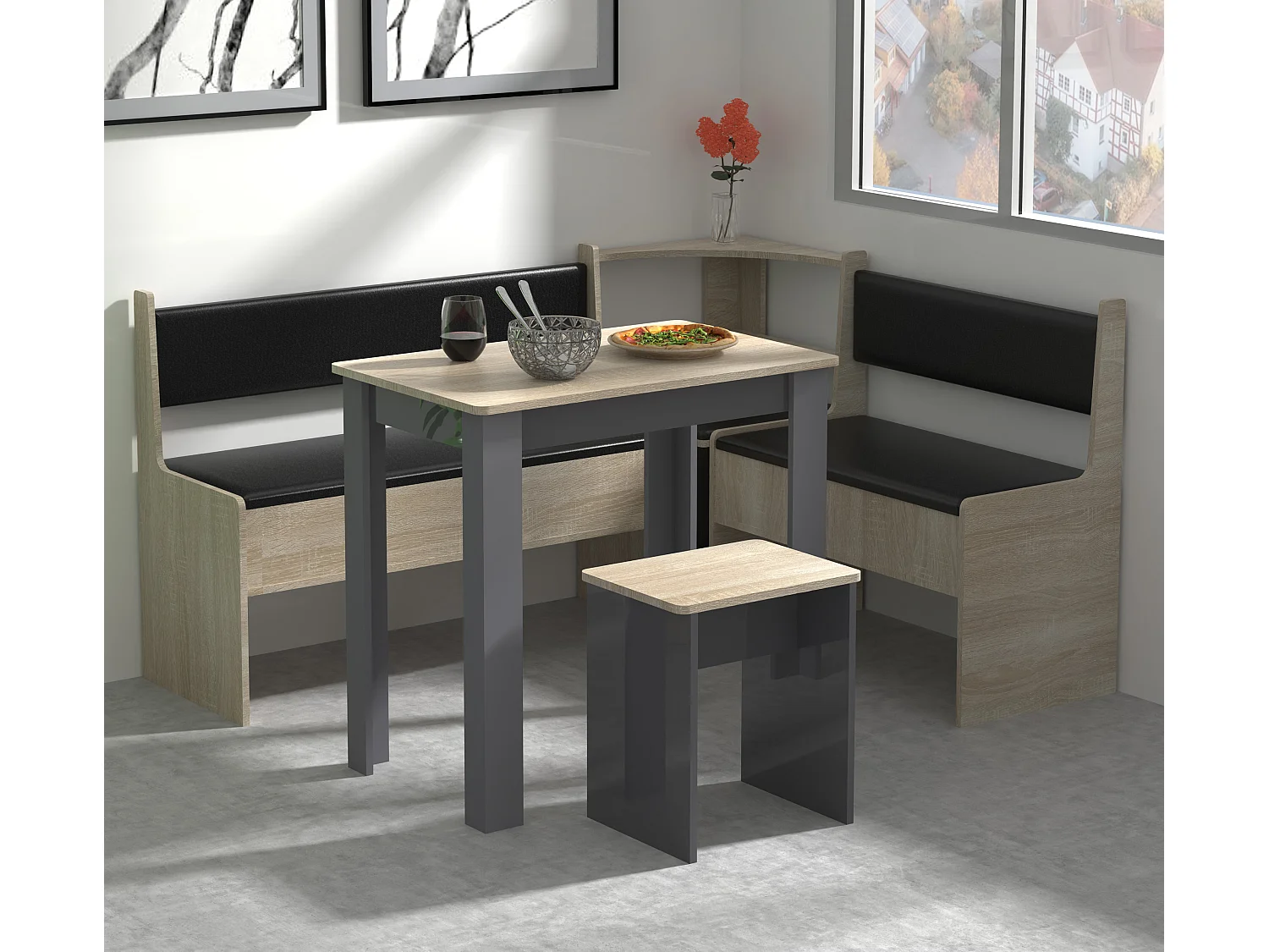Dining Group Esal Anthracite / honey oak H. 80 x W. 153 x D. 123 cm