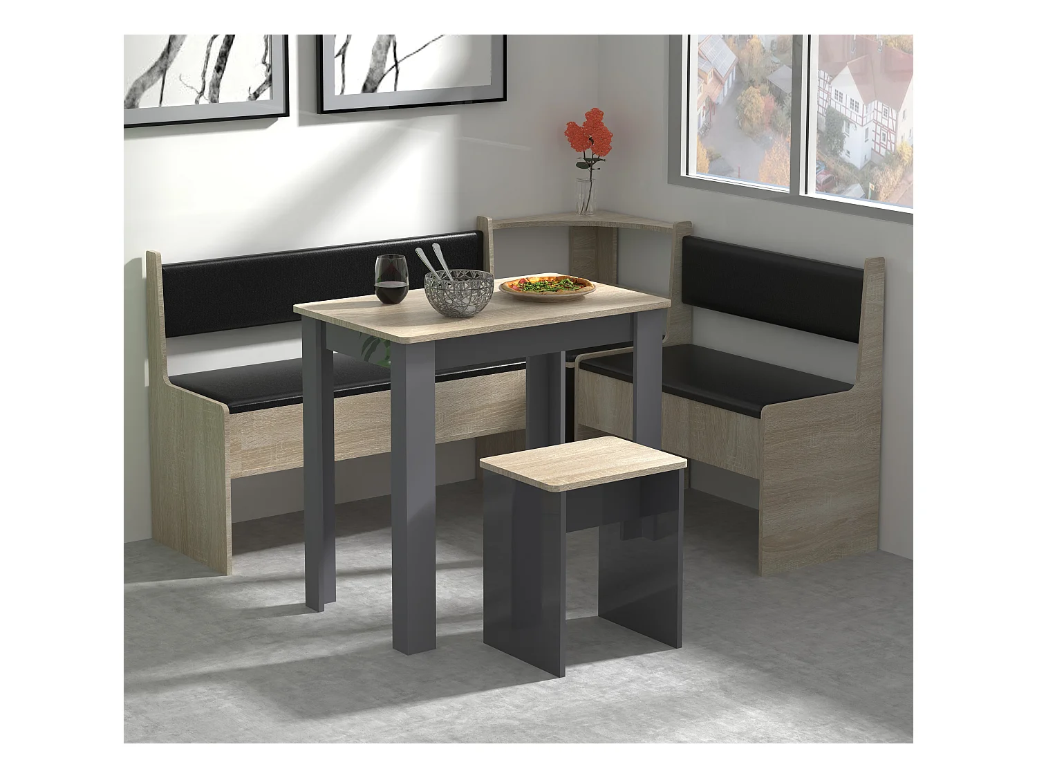 Dining Group Esal Anthracite / honey oak H. 80 x W. 153 x D. 123 cm