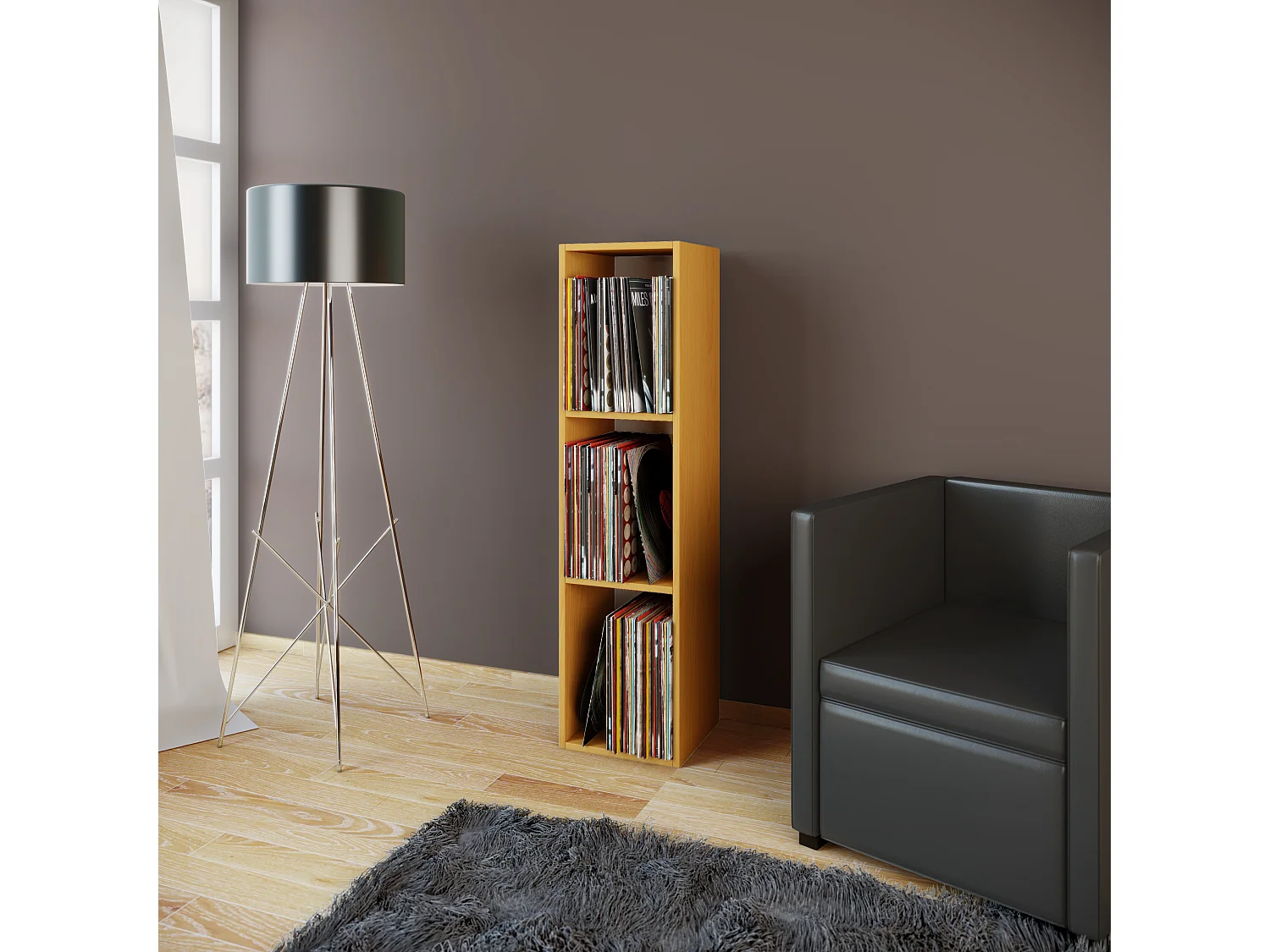 VCM Wood Records Shelf | Stand Shelf com 3 compartimentos para 100 Registros | Dimensões: A. 107 x L. 34 x P. 30 cm - Platto (Beech)