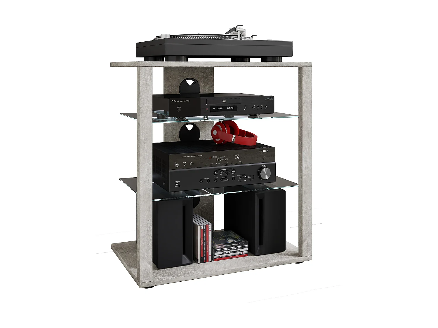 VCM Meuble Hifi Rack Armoire Phono Etagère en verre Phono Mediaregal Folas (béton-gris)