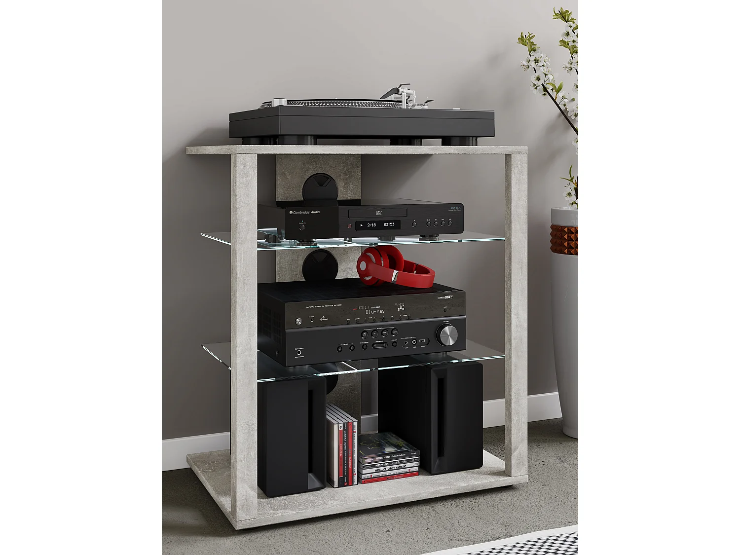 VCM Meuble Hifi Rack Armoire Phono Etagère en verre Phono Mediaregal Folas (béton-gris)