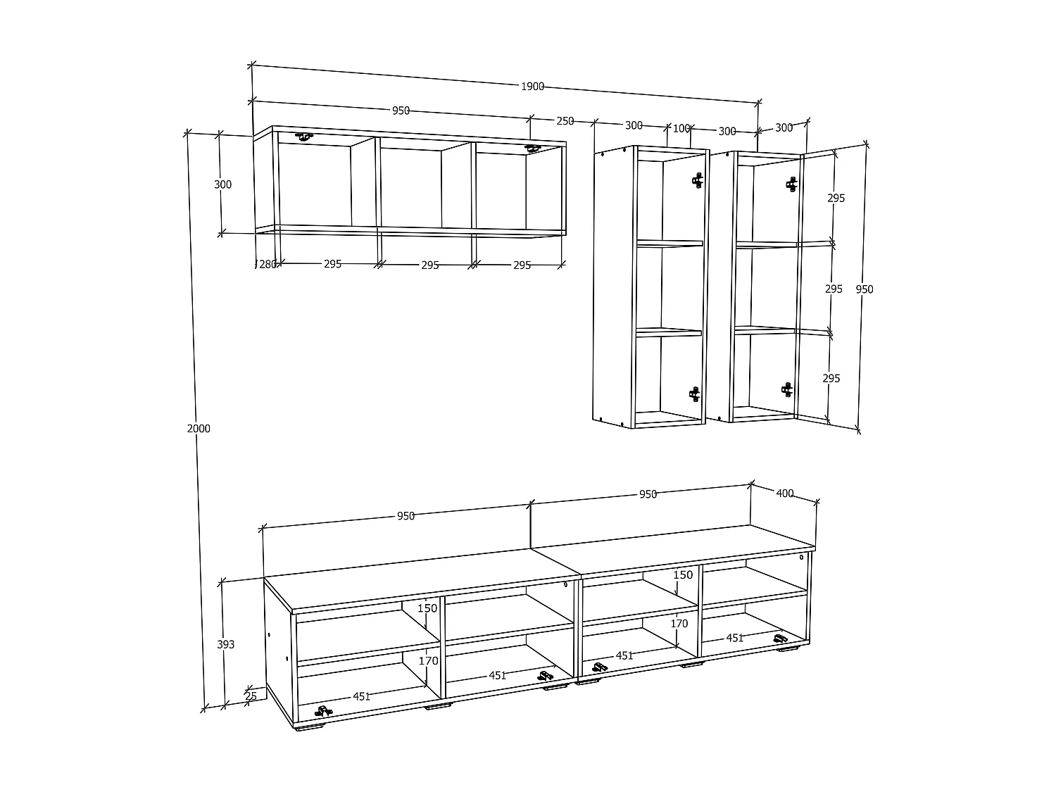 TV Furniture Arila White H. 200 x W. 190 x D. 40 cm