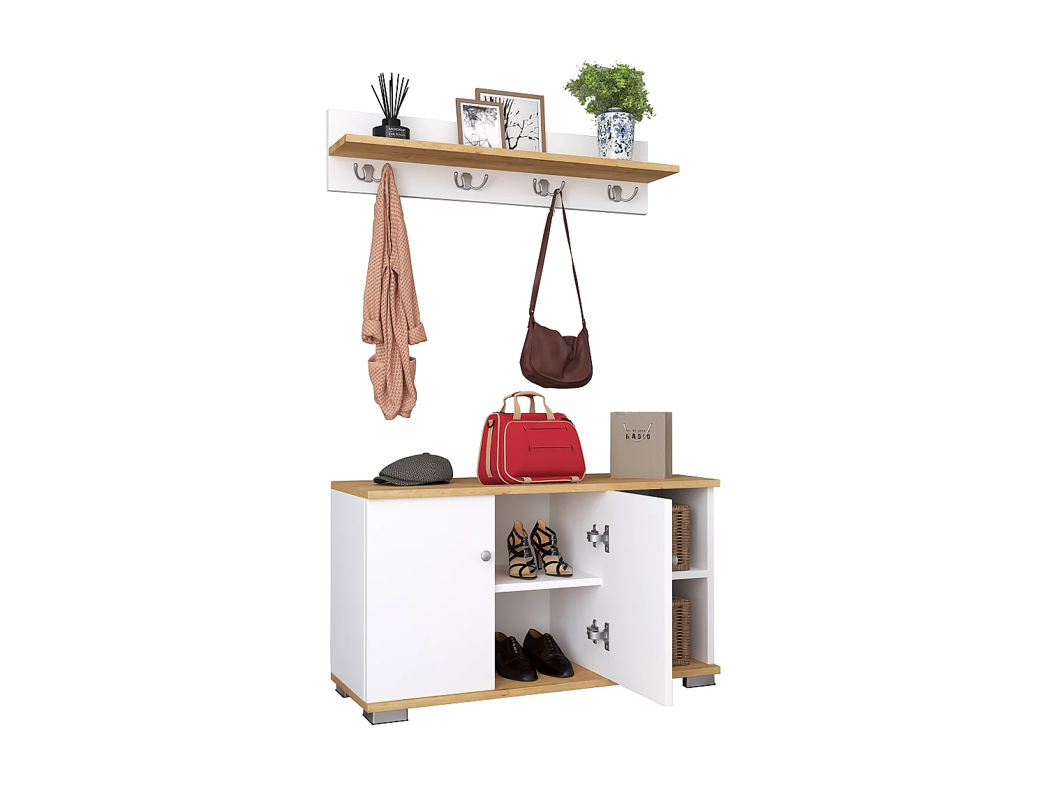 Shoe cabinet Gados White / Honey oak H. 82 x W. 90 x D. 33 cm