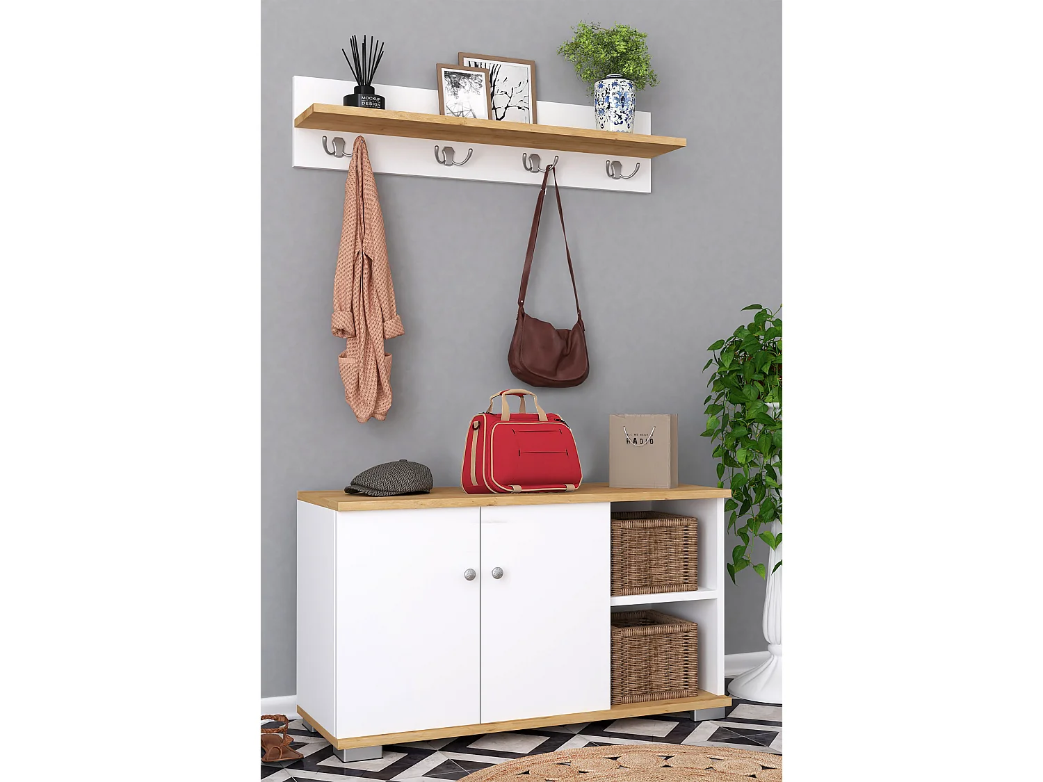 Shoe cabinet Gados White / Honey oak H. 82 x W. 90 x D. 33 cm