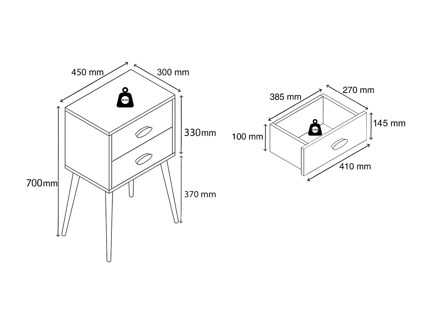 bedside table Singol White / Anthracite H. 70 x W. 45 x D. 30 cm