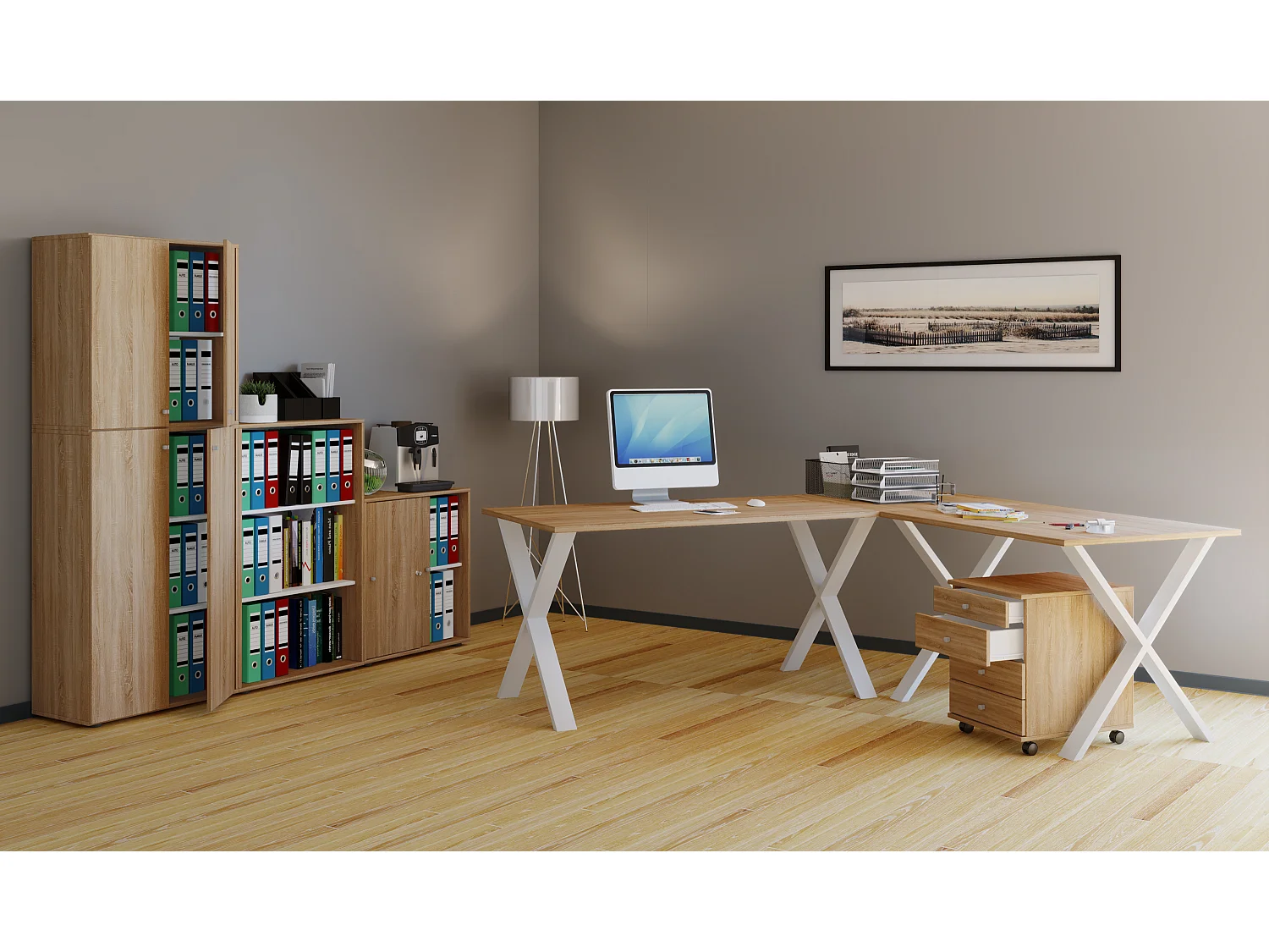 Desk Lona White / Sonoma oak H. 76 x W. 190 x D. 160 cm