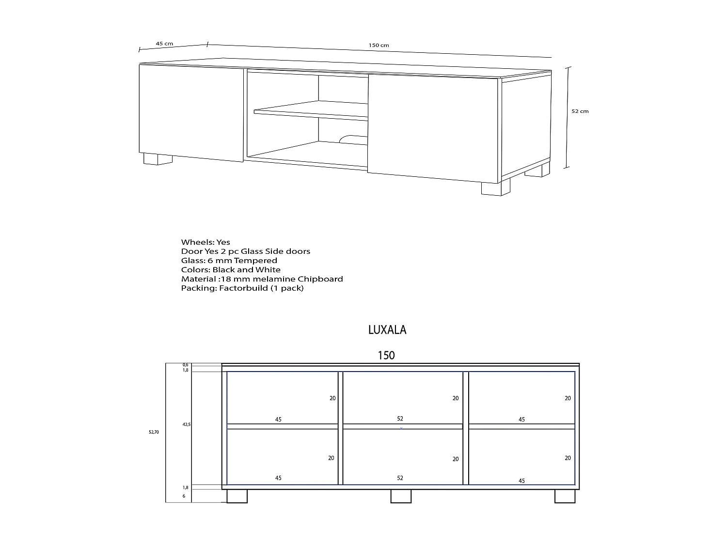 TV Furniture Luxala Black Height 50 x Width 150 x Depth 45 cm