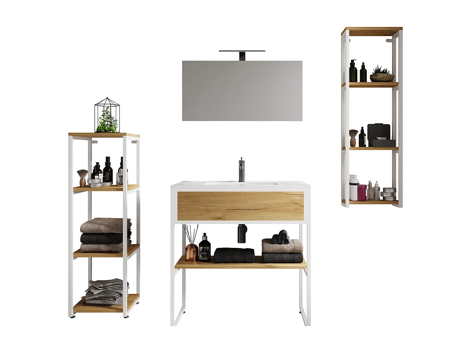 VCM 5pcs Lavatório Mobiliário de banheiro Set Sink Bitila 80 V1 (Branco / Carvalho Mel)