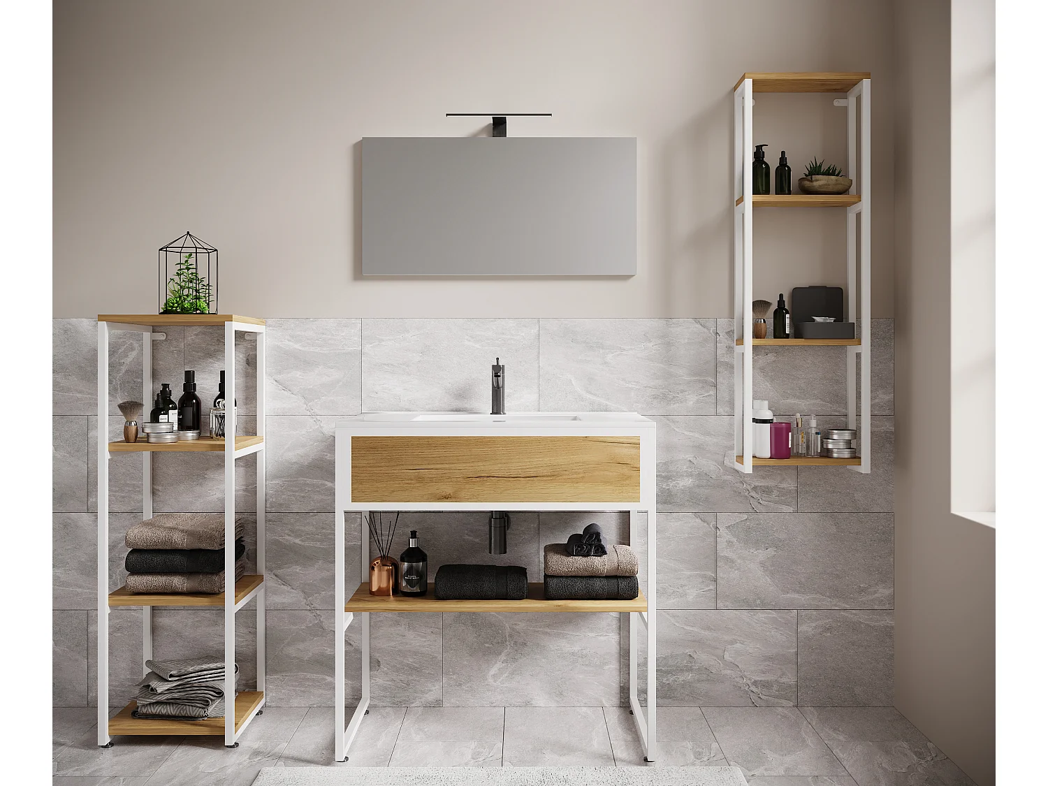 VCM 5pcs Lavatório Mobiliário de banheiro Set Sink Bitila 80 V1 (Branco / Carvalho Mel)