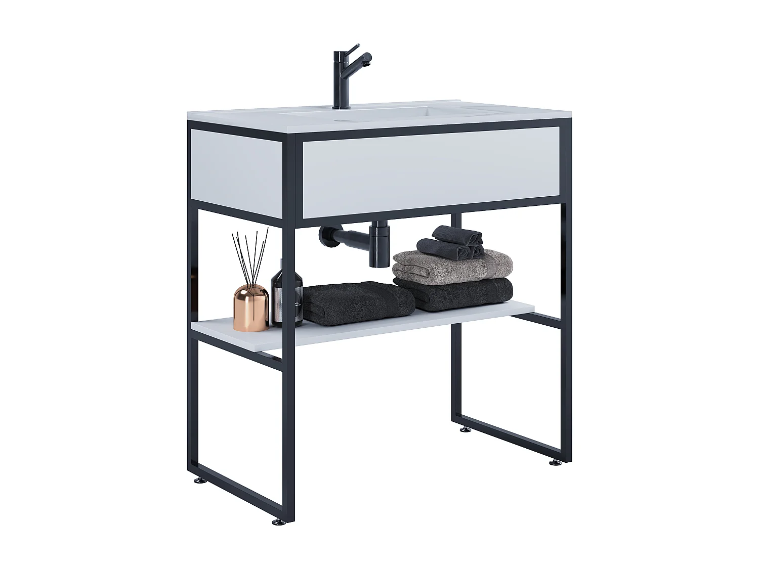 VCM 2 pcs Lavatório Mobiliário Do Banheiro Set Sink Wood Metal Industrial Style Bitila 80 (Preto / Branco)