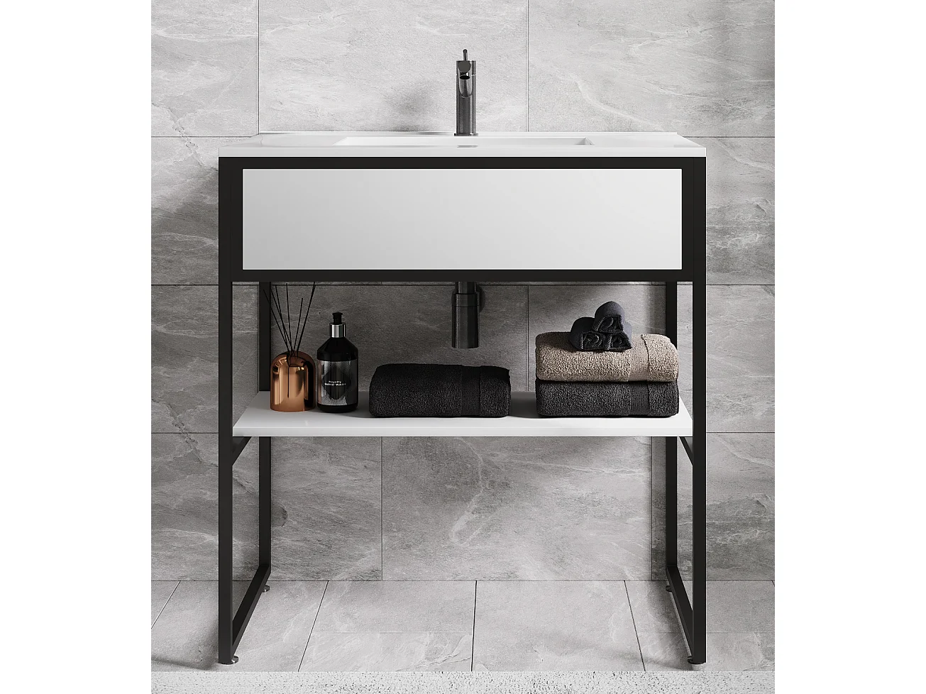 VCM 2 pcs Lavatório Mobiliário Do Banheiro Set Sink Wood Metal Industrial Style Bitila 80 (Preto / Branco)