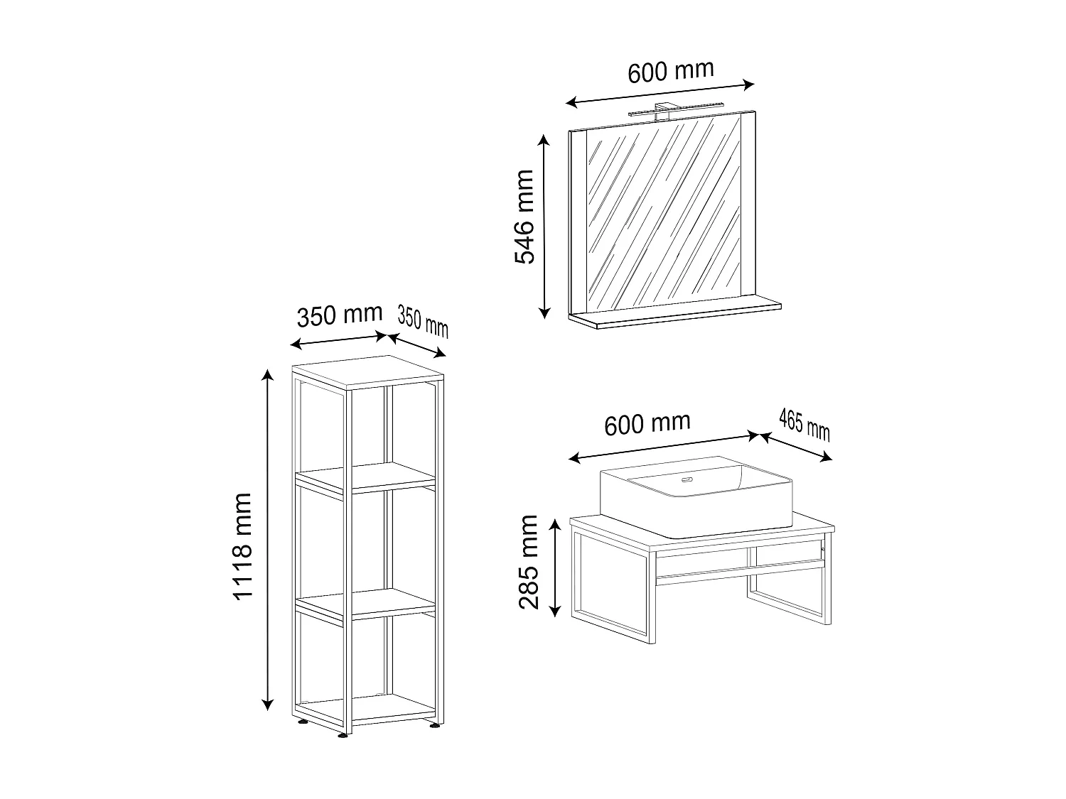 VCM 4 pcs Lavatório Mobiliário Do Banheiro Set Sink Wood Metal Industrial Style Bitila 60 V2 (Branco / Carvalho Mel)