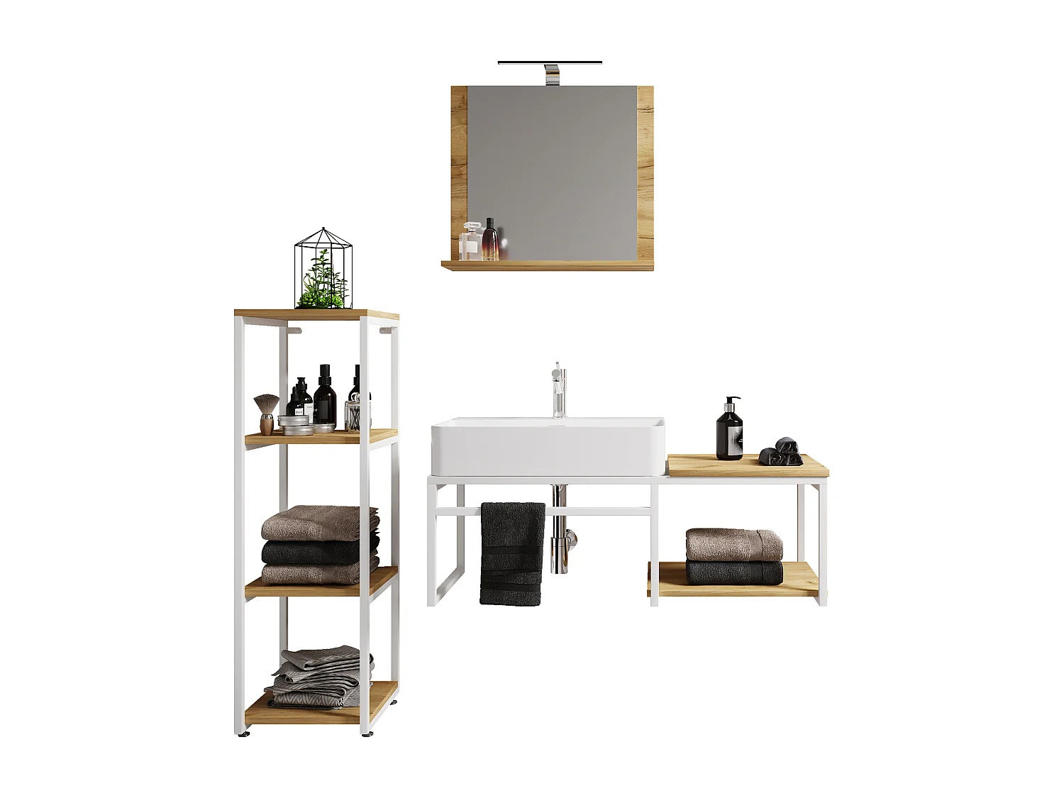 VCM 4 pcs Lavatório Mobiliário Do Banheiro Set Sink Wood Metal Industrial Style Bitila 100 V2 (Branco / Carvalho Mel)