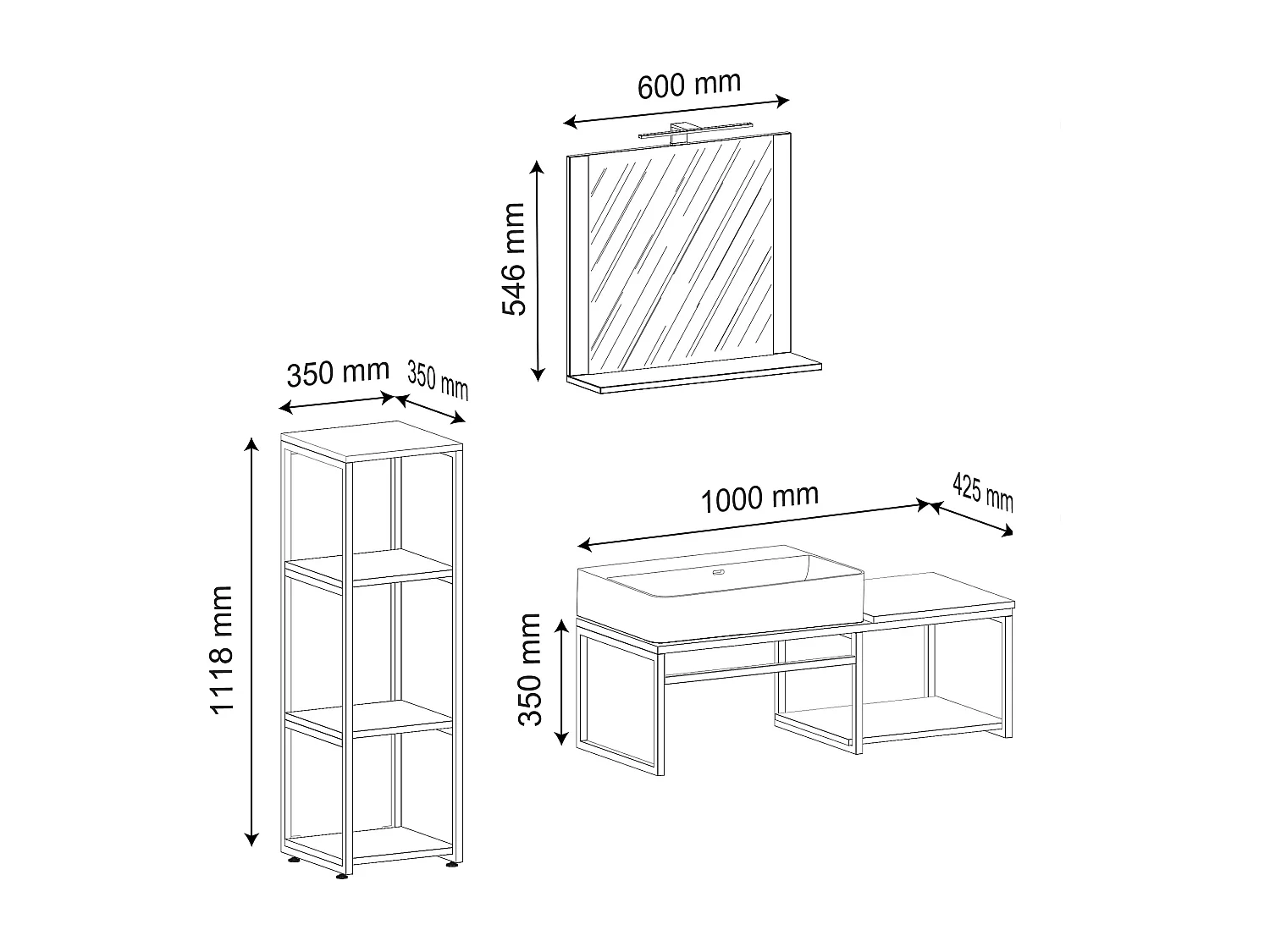 VCM 4 pcs Lavatório Mobiliário Do Banheiro Set Sink Wood Metal Industrial Style Bitila 100 V2 (Branco / Carvalho Mel)