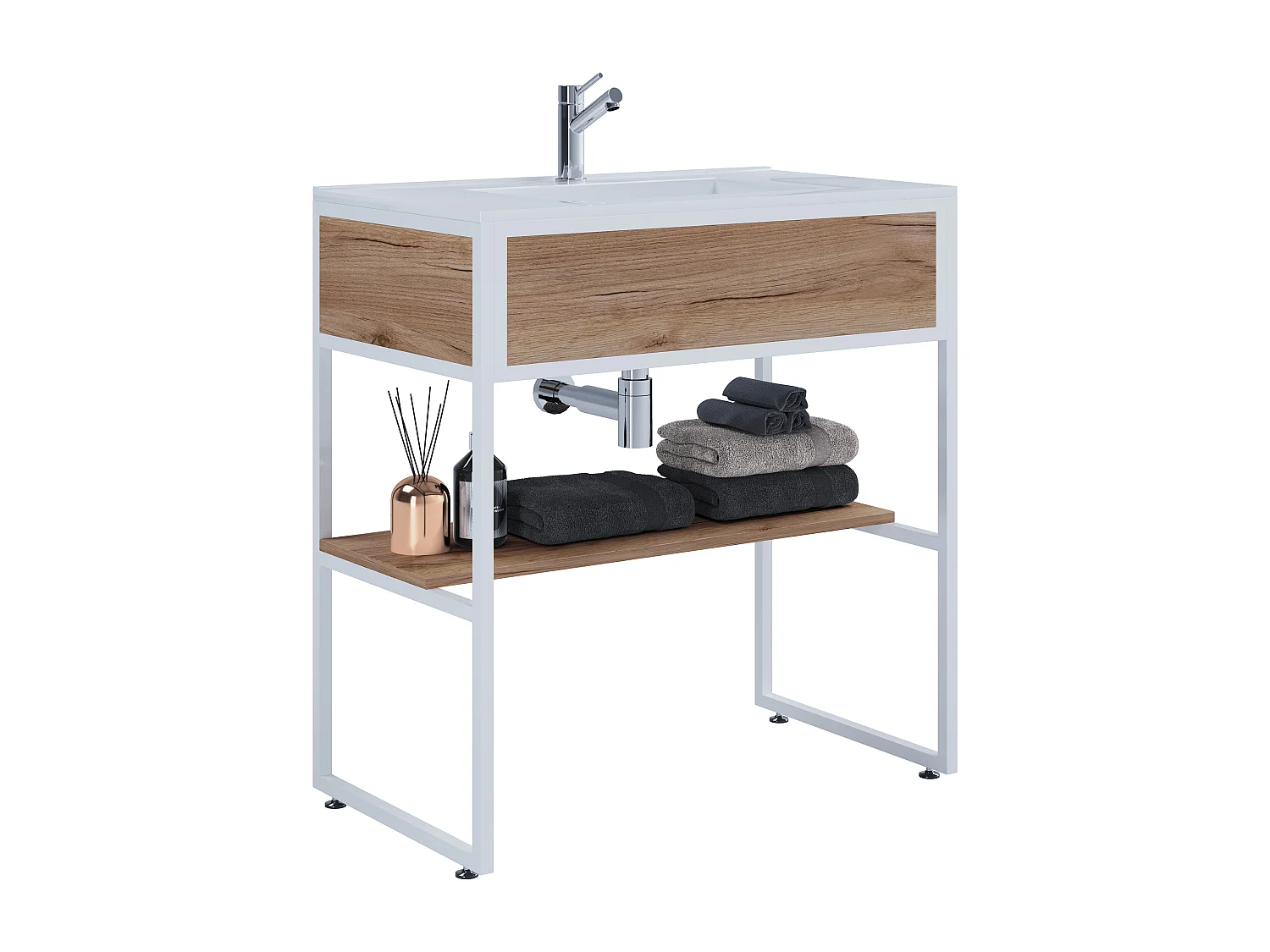 VCM 2 pcs Lavatório Mobiliário Do Banheiro Set Sink Wood Metal Industrial Style Bitila 80 (Branco / Carvalho Mel)