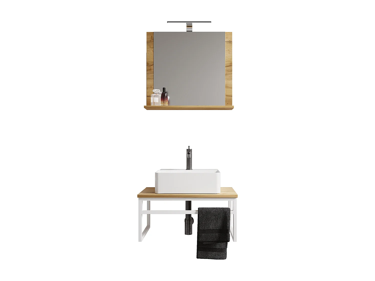 VCM 3 pcs Lavatório Mobiliário Do Banheiro Set Sink Wood Metal Industrial Style Bitila 60 V2 (Carvalho Branco / Mel)