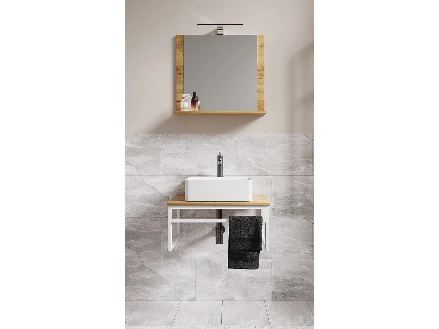 VCM 3 pcs Lavatório Mobiliário Do Banheiro Set Sink Wood Metal Industrial Style Bitila 60 V2 (Carvalho Branco / Mel)