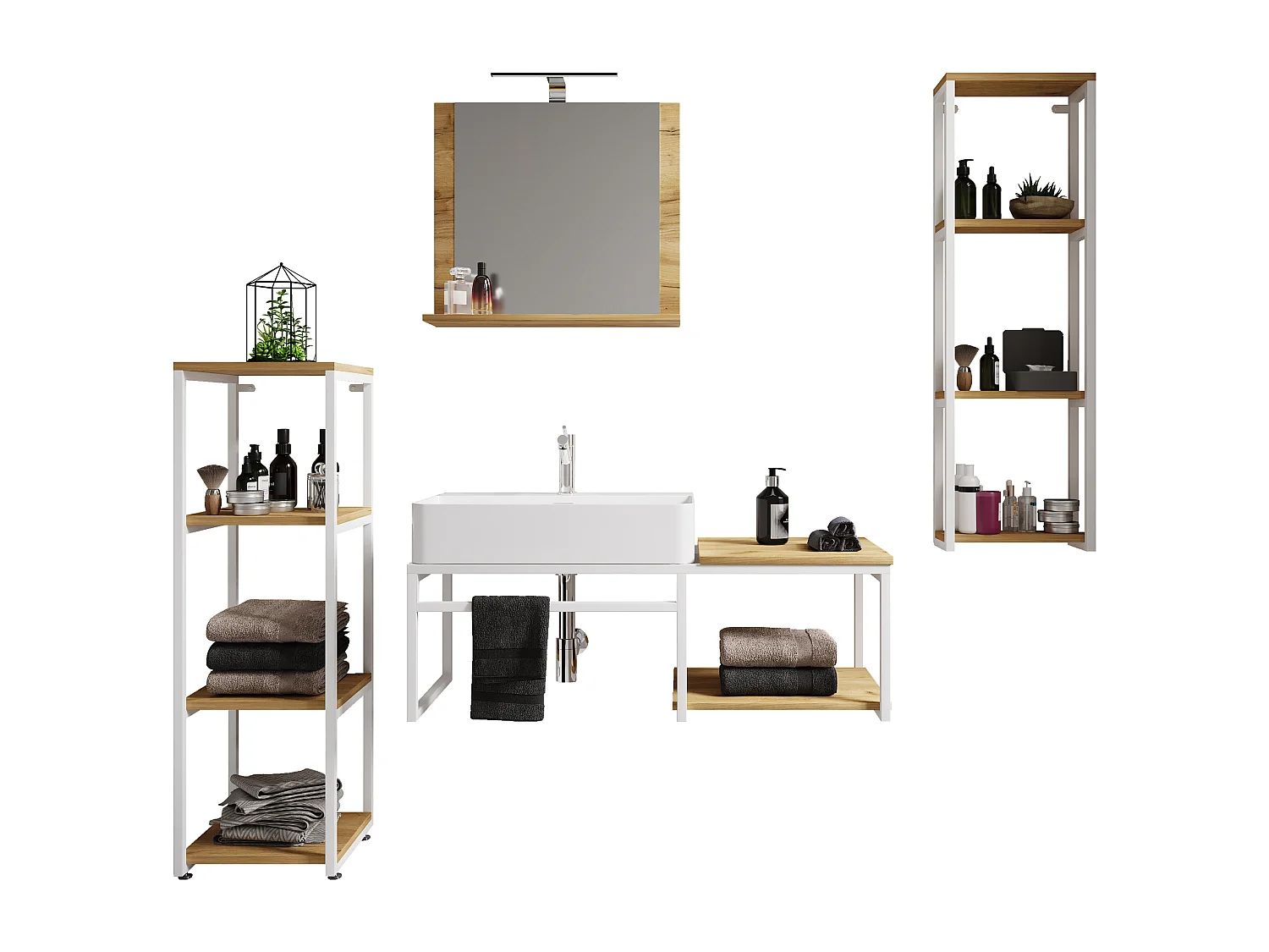 VCM 5pcs Lavatório Mobiliário Do Banheiro Set Sink Wood Metal Industrial Style Bitila 100 V2 (Branco / Carvalho Mel)