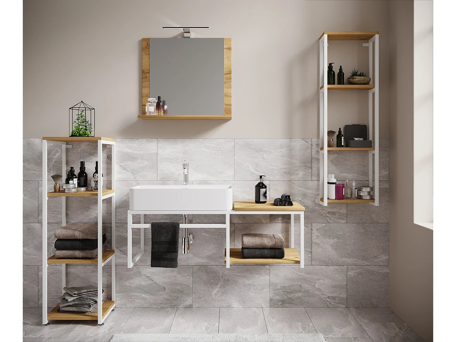 VCM 5pcs Lavatório Mobiliário Do Banheiro Set Sink Wood Metal Industrial Style Bitila 100 V2 (Branco / Carvalho Mel)