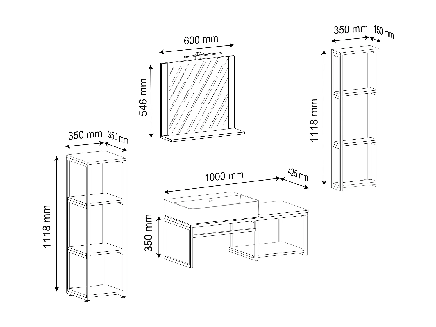 VCM 5pcs Lavatório Mobiliário Do Banheiro Set Sink Wood Metal Industrial Style Bitila 100 V2 (Branco / Carvalho Mel)