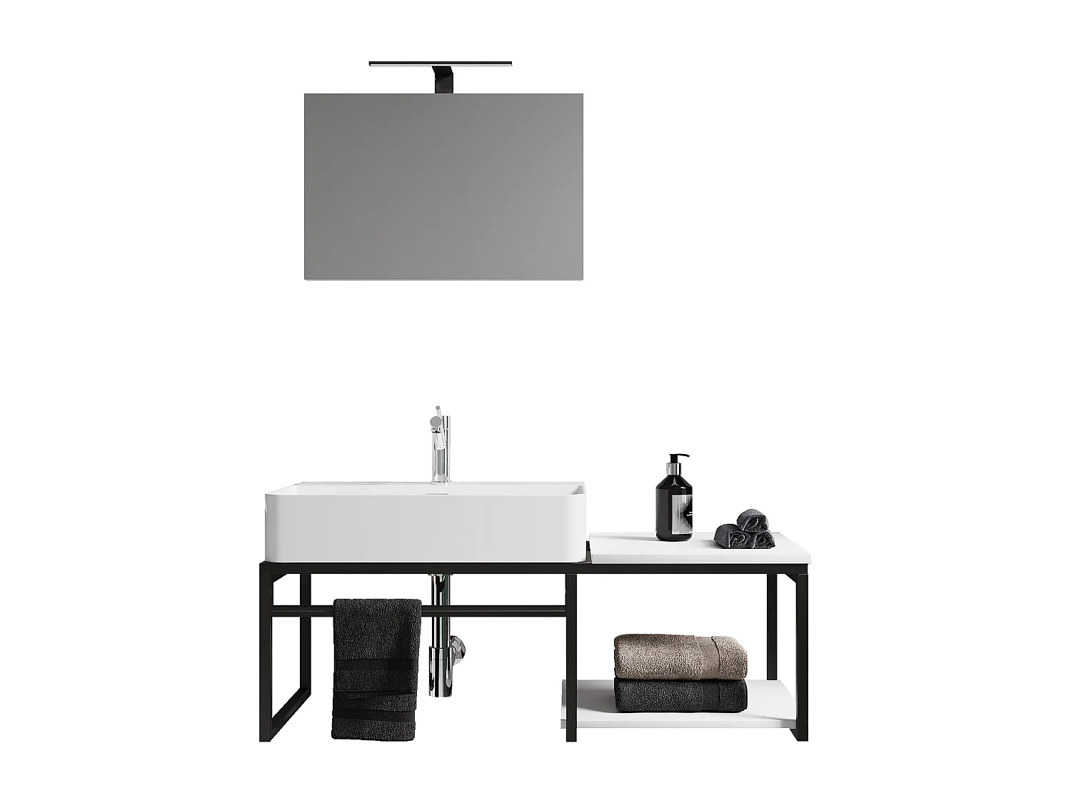 VCM 3 pcs Lavatório Mobiliário Do Banheiro Set Pia Madeira Metal Industrial Estilo Bitila 100 V1 (Preto / Branco)