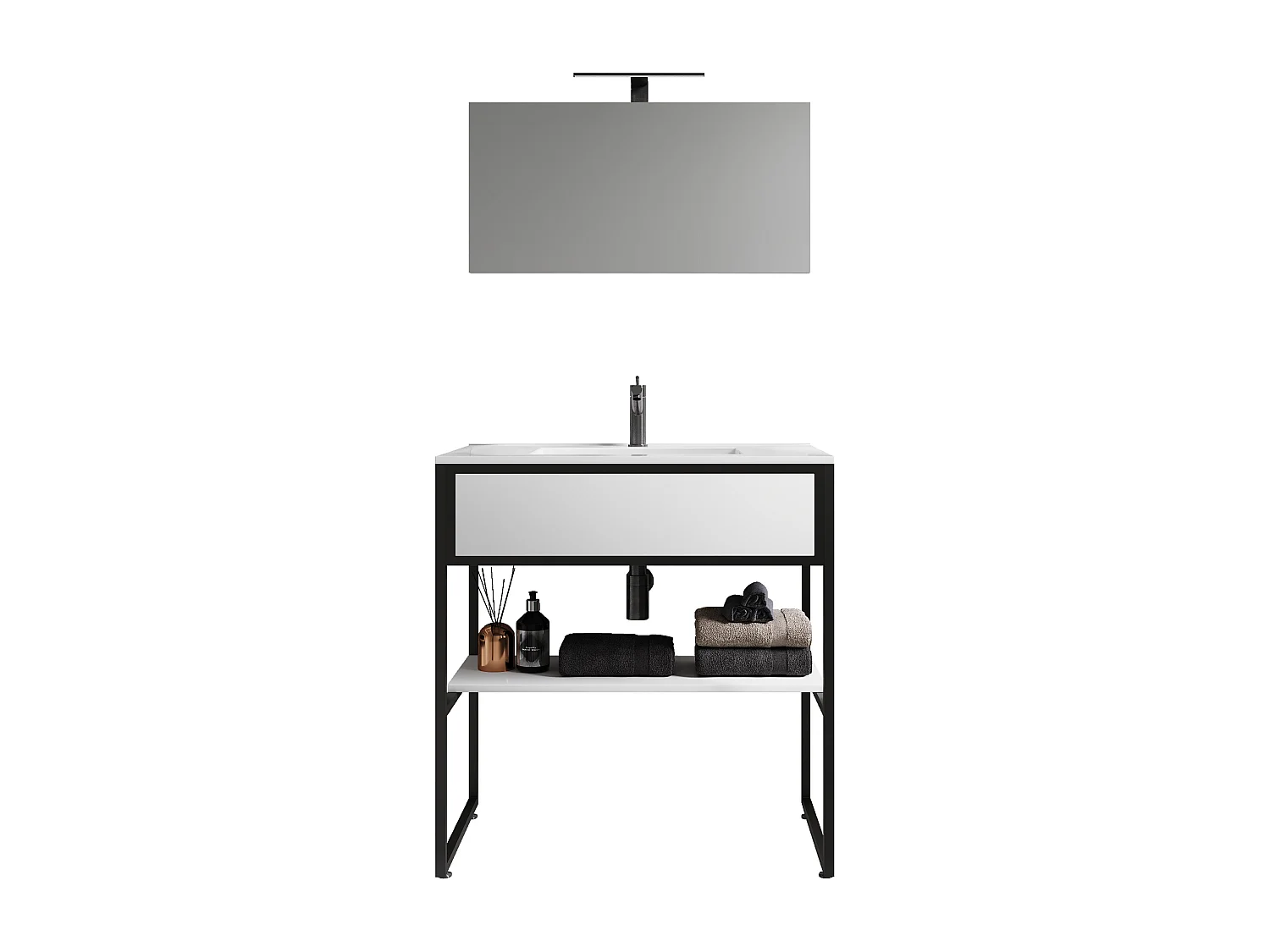 VCM 3 pcs Lavatório Mobiliário Do Banheiro Set Pia Madeira Metal Industrial Estilo Bitila 80 V1 (Preto / Branco)