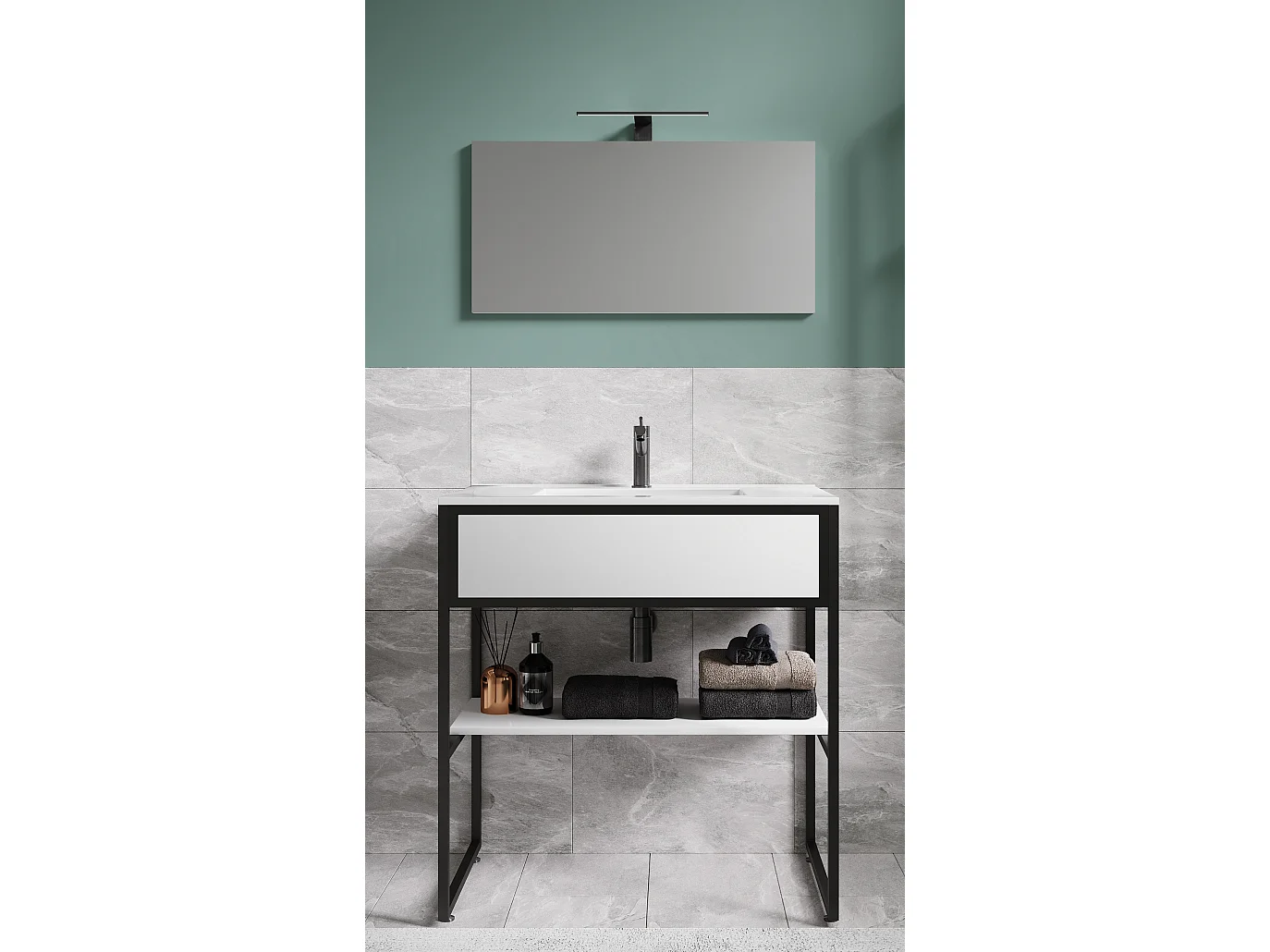 VCM 3 pcs Lavatório Mobiliário Do Banheiro Set Pia Madeira Metal Industrial Estilo Bitila 80 V1 (Preto / Branco)