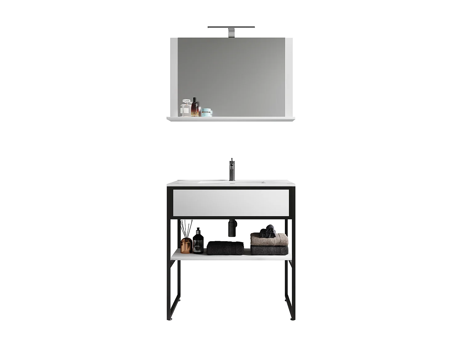 VCM 3 pcs Lavatório Mobiliário Do Banheiro Set Pia Madeira Metal Industrial Estilo Bitila 80 V2 (Preto / Branco)