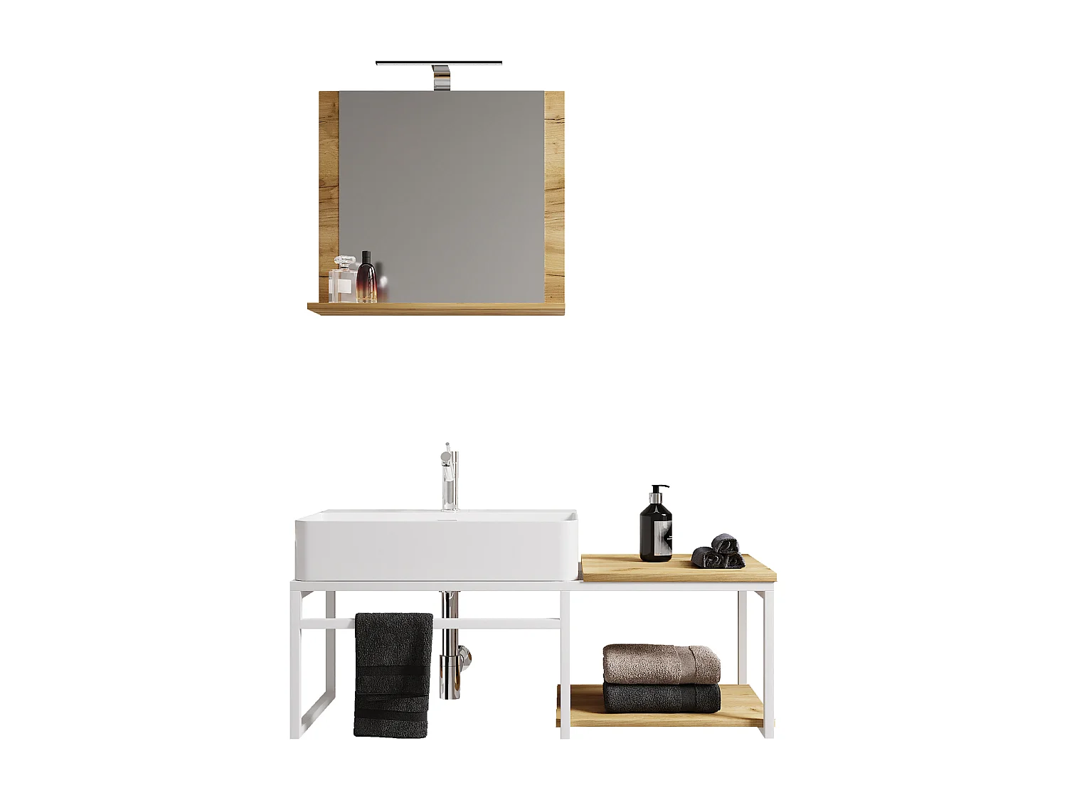 VCM 3 pcs Lavatório Mobiliário Do Banheiro Set Sink Wood Metal Industrial Style Bitila 100 V2 (Branco / Carvalho Mel)