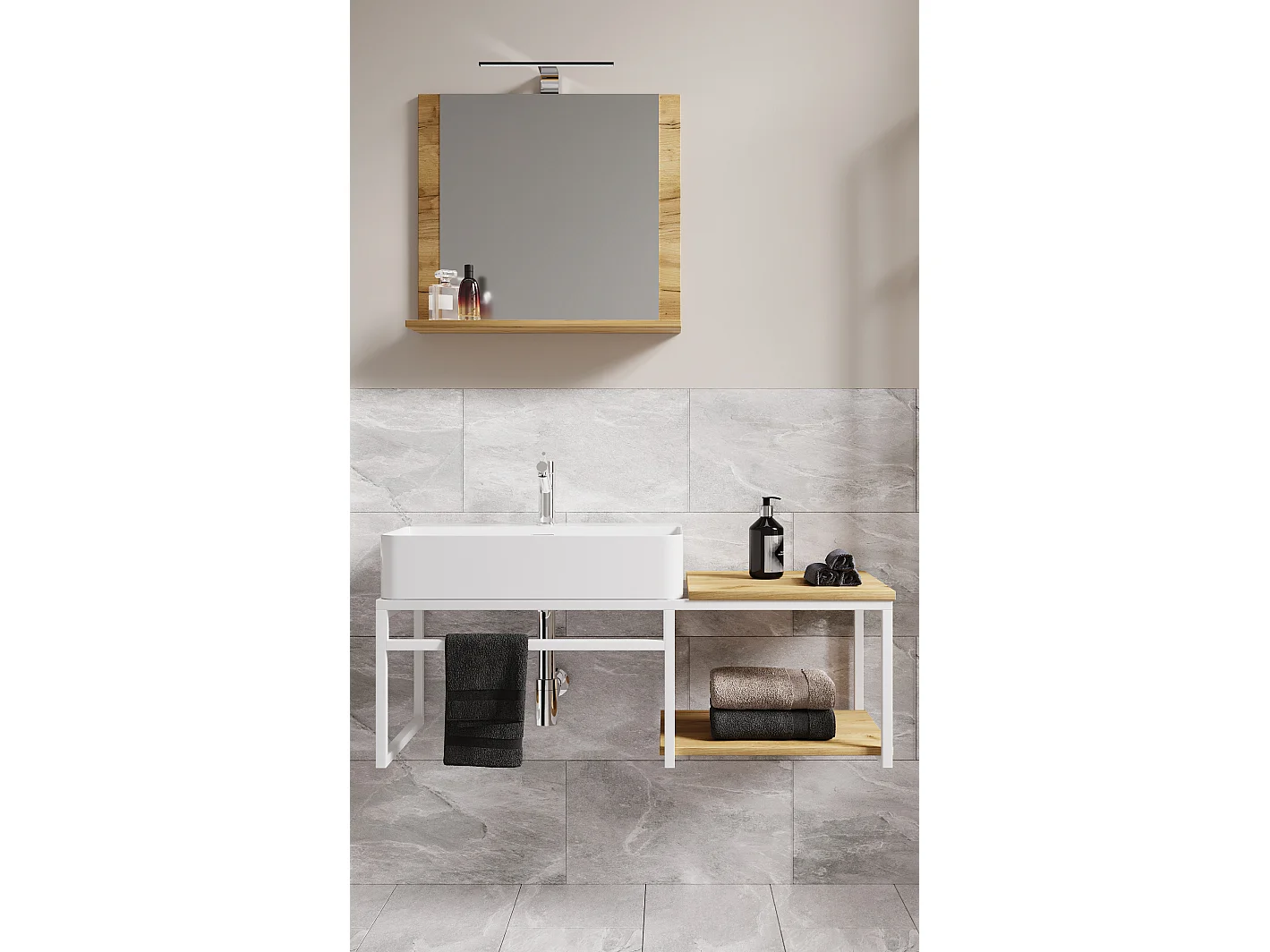 VCM 3 pcs Lavatório Mobiliário Do Banheiro Set Sink Wood Metal Industrial Style Bitila 100 V2 (Branco / Carvalho Mel)