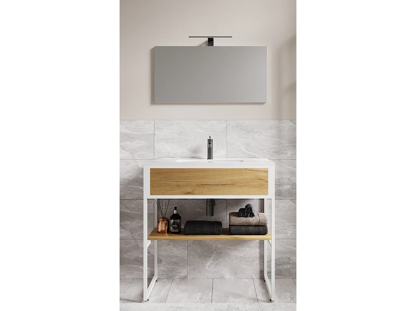 VCM 3 pcs Lavatório Mobiliário Do Banheiro Set Sink Wood Metal Industrial Style Bitila 80 V1 (Branco / Carvalho Mel)