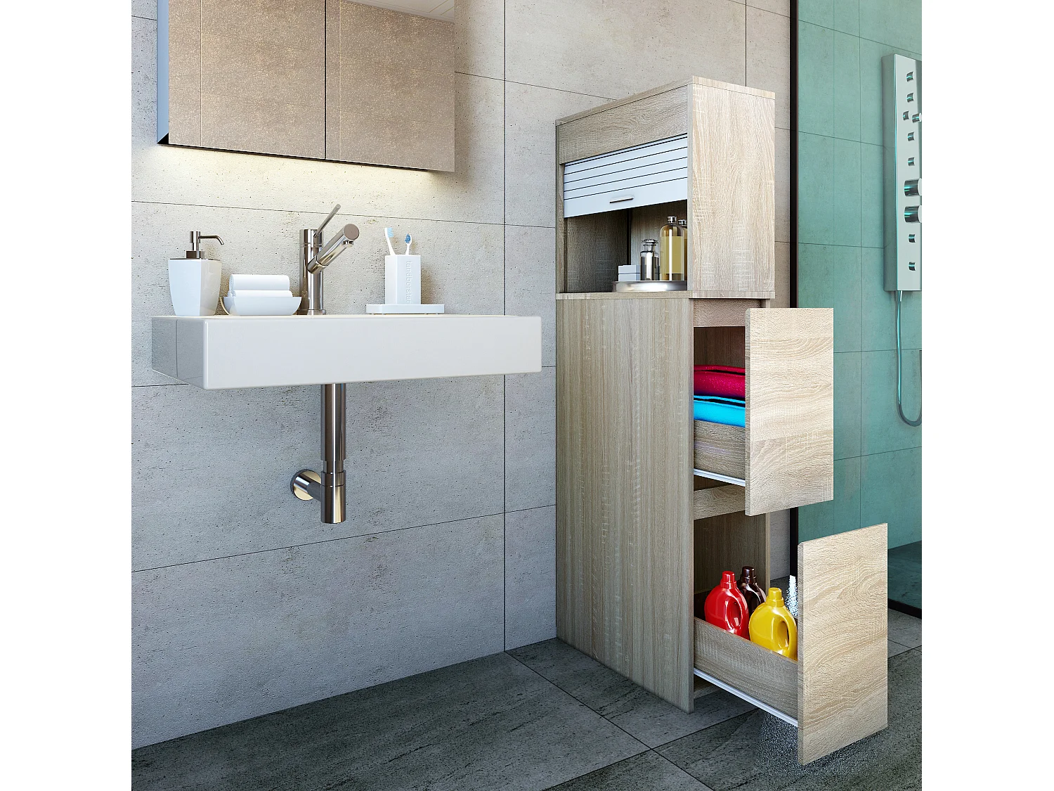 Bathroom furniture Midischrank Tasalo Sonoma Oak H. 131 x W. 25 x D. 48 cm