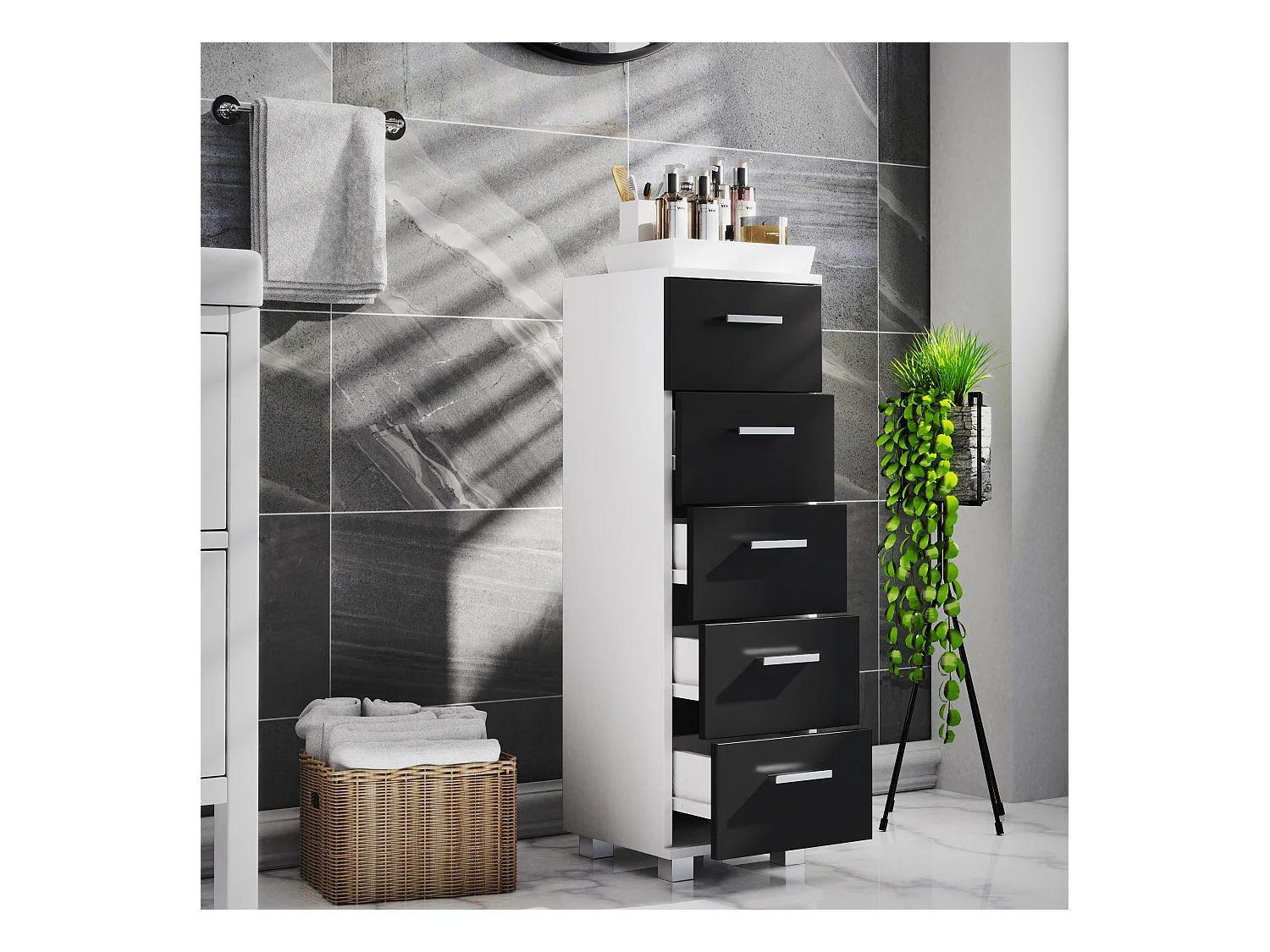 Bathroom furniture Midischrank Zalo White / Black H. 90 x W. 30 x D. 30 cm
