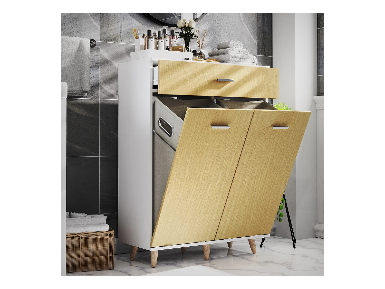 Mobiliário de casa de banho armário alto Landos Branco/carvalho de mel A. 107 x W 79 x P. 35 cm