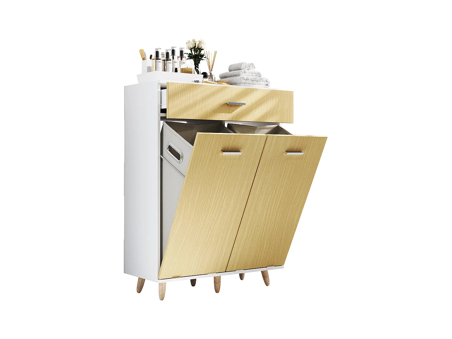 Bathroom furniture high cabinet Landos White / Honey oak H. 107 x W 79 x D. 35 cm