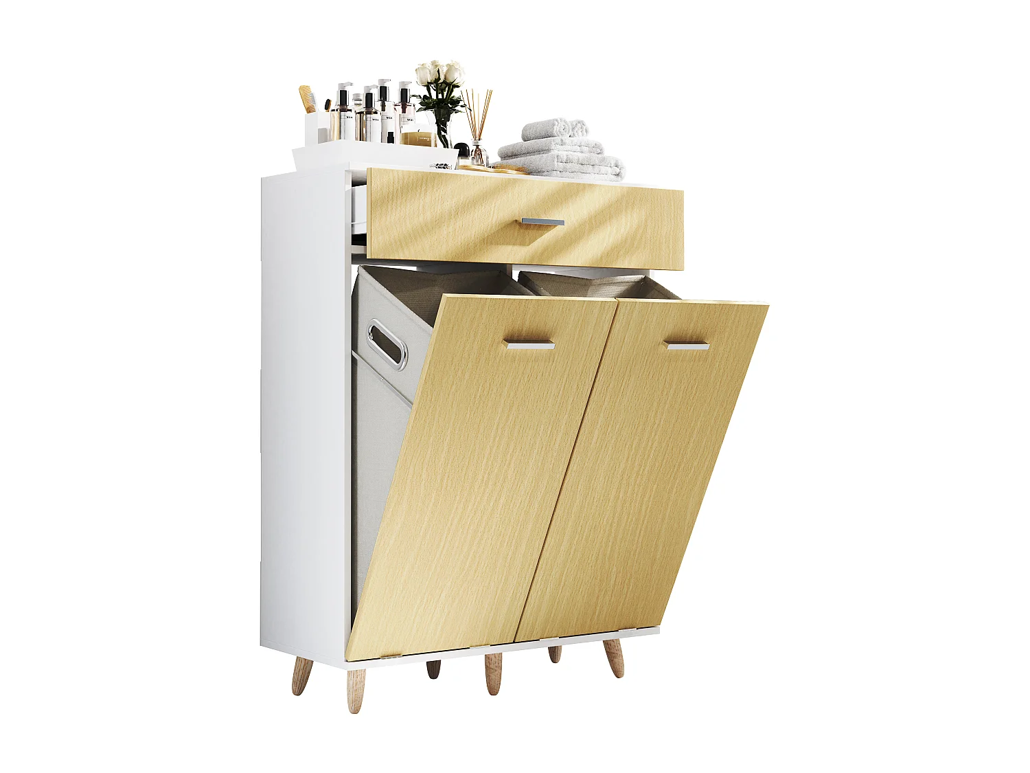 Bathroom furniture high cabinet Landos White / Honey oak H. 107 x W 79 x D. 35 cm