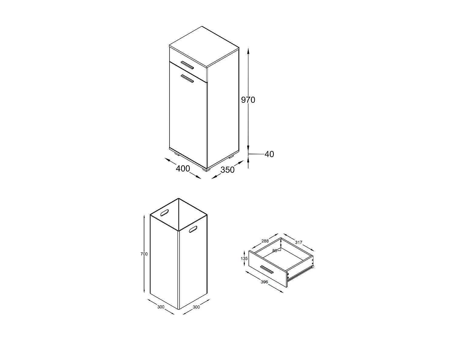 Bathroom furniture high cabinet Zalo White H. 101 x W. 40 x D. 35 cm