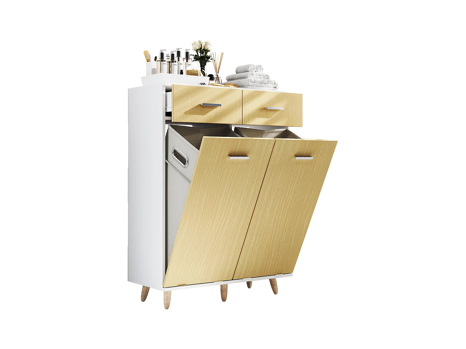 Bathroom furniture high cabinet Landos White / Honey oak H. 97 x W 79 x D. 35 cm