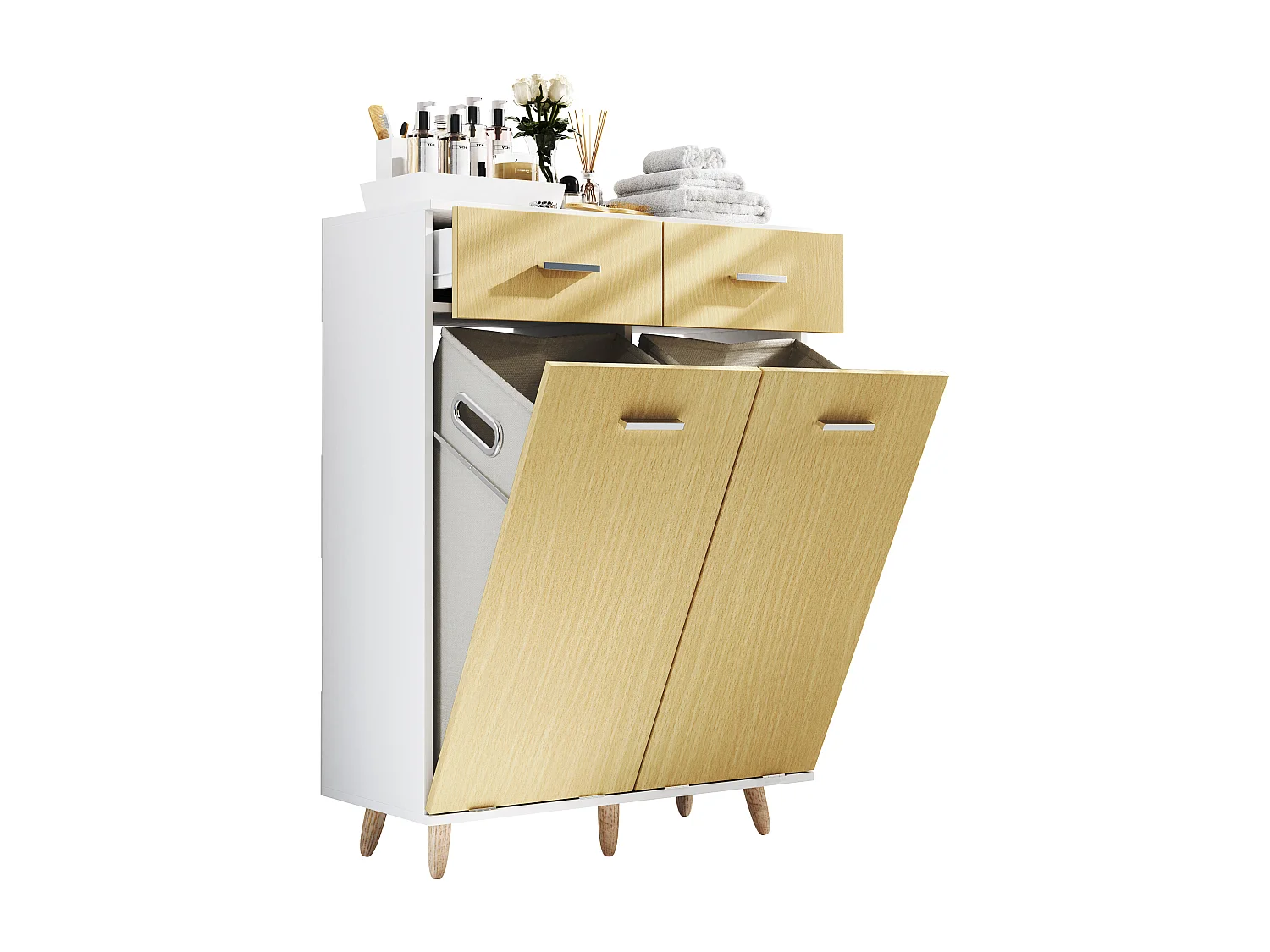 Bathroom furniture high cabinet Landos White / Honey oak H. 97 x W 79 x D. 35 cm