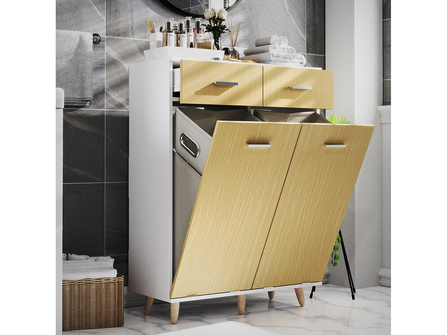 Bathroom furniture high cabinet Landos White / Honey oak H. 97 x W 79 x D. 35 cm