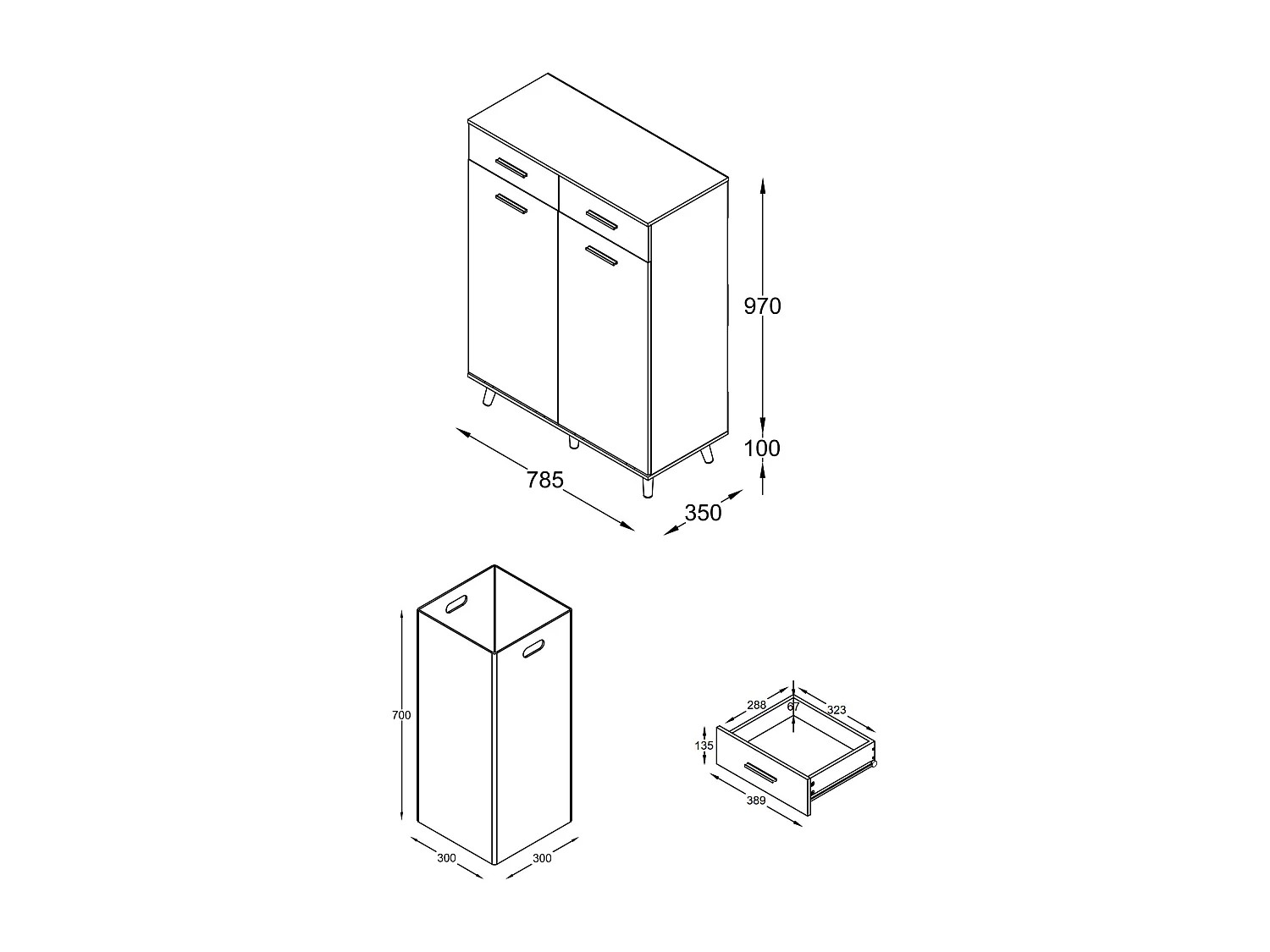 Bathroom furniture high cabinet Landos White / Honey oak H. 97 x W 79 x D. 35 cm