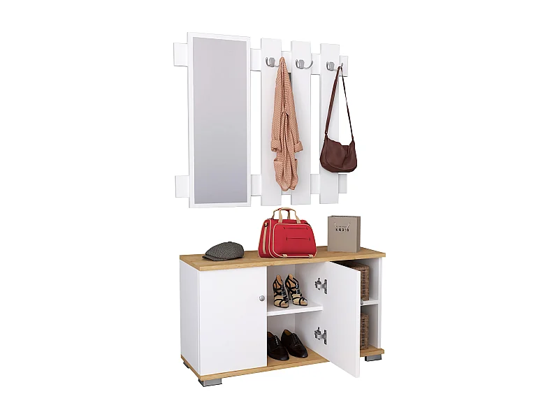 Shoe cabinet Gados White / Honey oak H. 132 x W. 90 x D. 33 cm