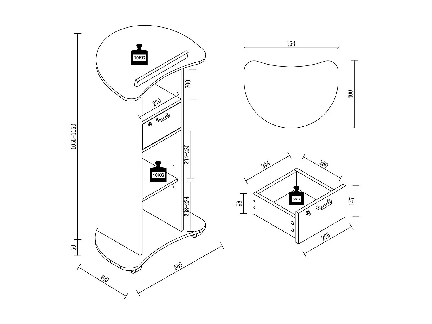 VCM Wood Mobile Speaker Console | Dimensões aprox. A. 110 a 120 cm x L. 56 cm x P. 37 cm | Rolável com gaveta | Mesa em pé | Mesa em pé - Redola (cinza concreto)