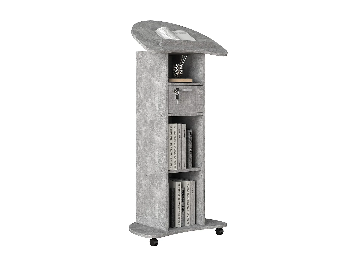 VCM bois pupitre pupitre mobile table haute à roulettes roulettes tiroir Redola (béton-gris)